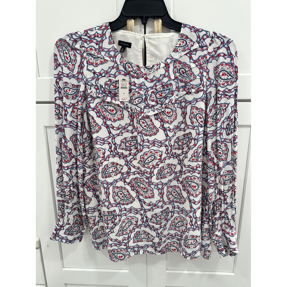 Talbots Women's Paisley Print Ruffle Blouse Long Sleeve White‎ Red Blue Size M